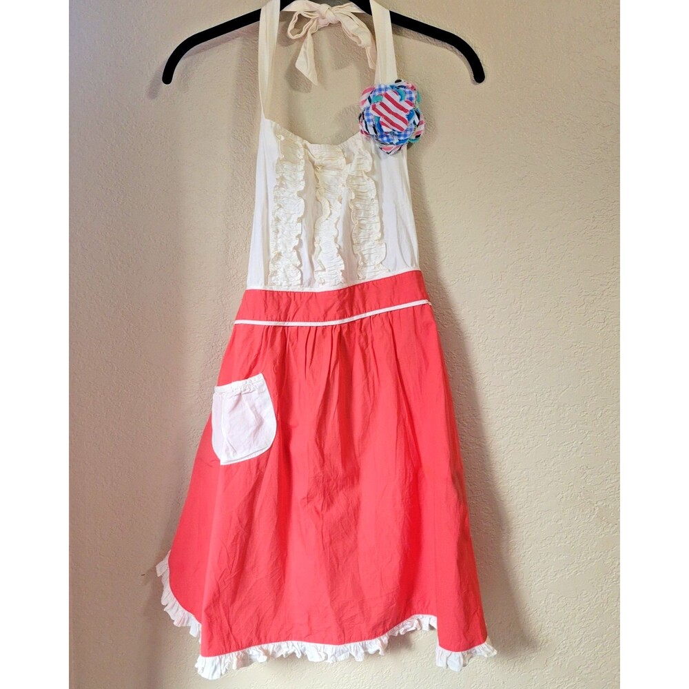 Rare Anthropologie Tea & Crumpets Red / Pink & White Hostess Apron Pocket Ruffle - Picture 6 of 11